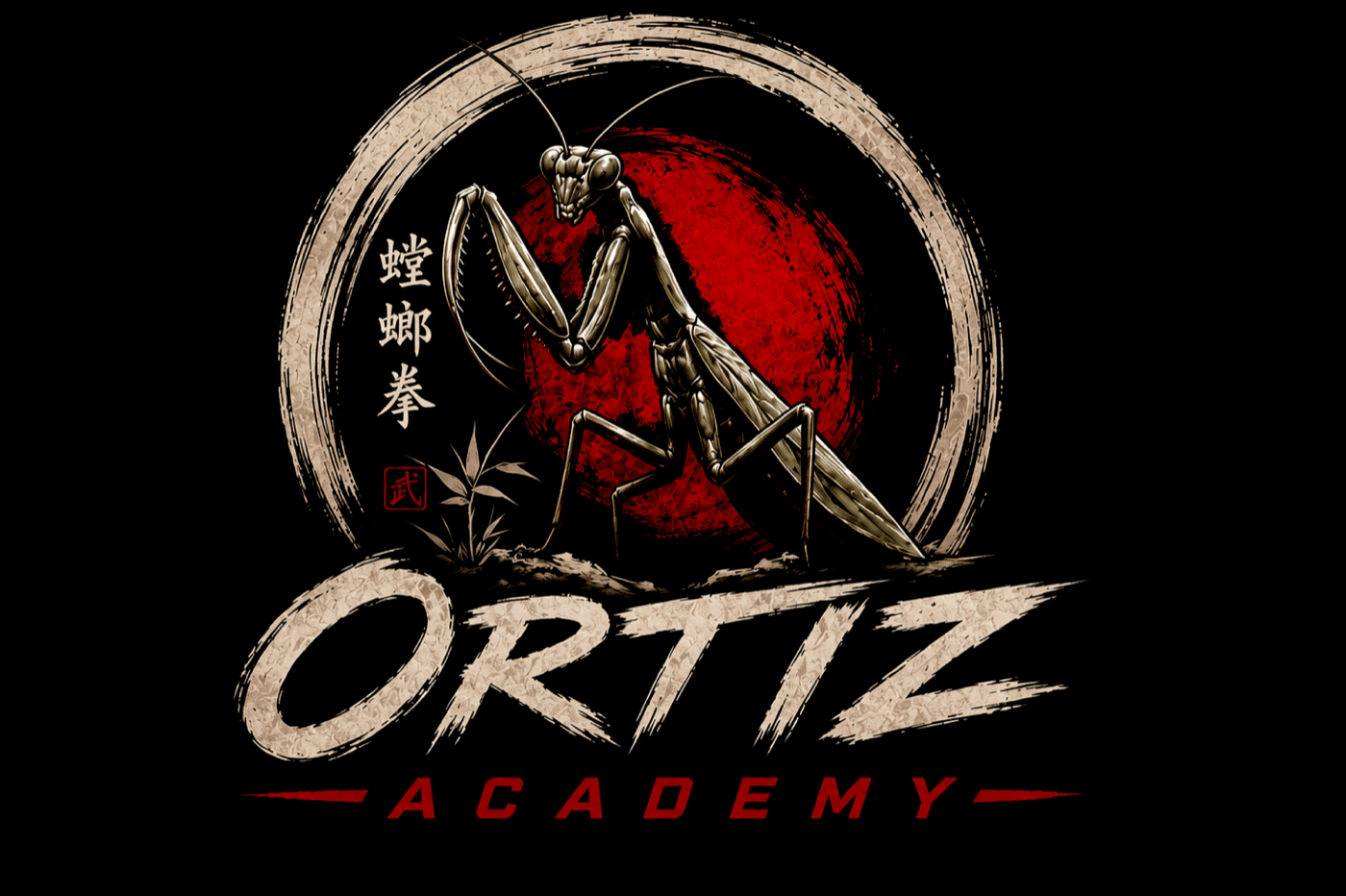 Ortiz Academy emblem — a praying mantis before a red moon inside a brush-stroke circle