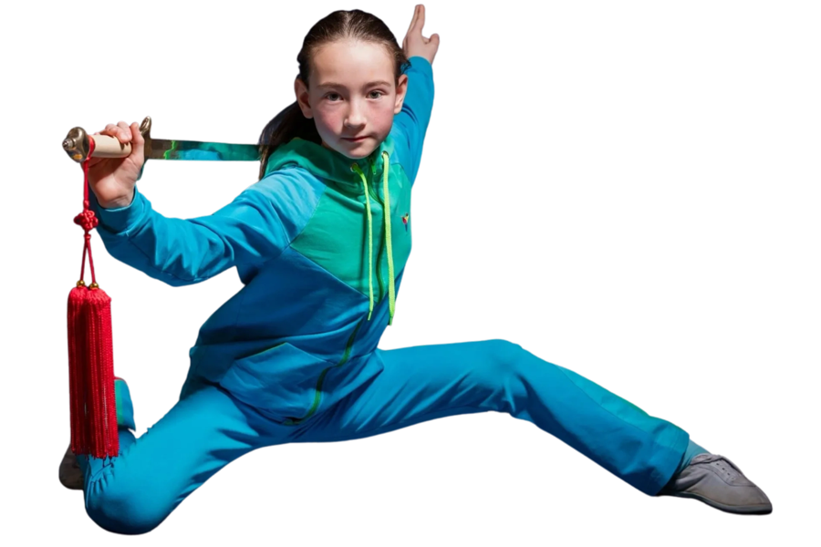 Child in blue Kung Fu uniform training with a sword