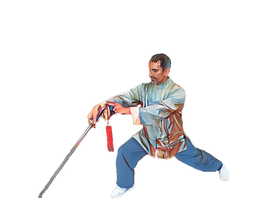 Stylized painting of a Sifu wielding a broadsword